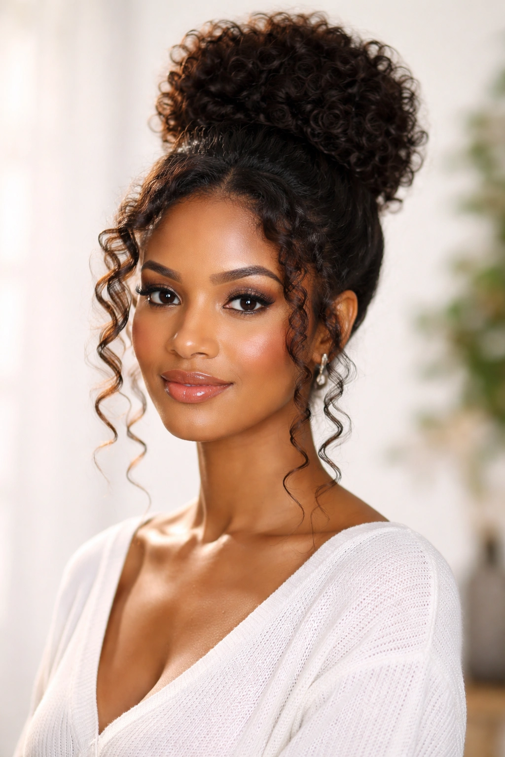 Textured high bun with tendrils framing the face hairstyle.