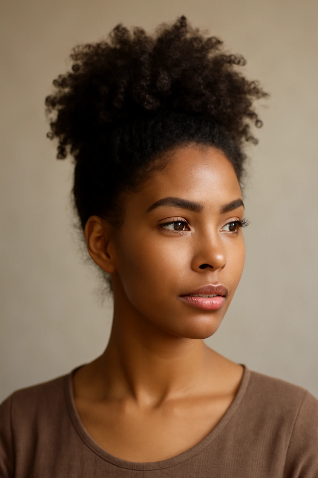 10 Pretty Natural Hair Updos for Special Occasions 5 Textured high knot with voluminous curls around a crown knot.