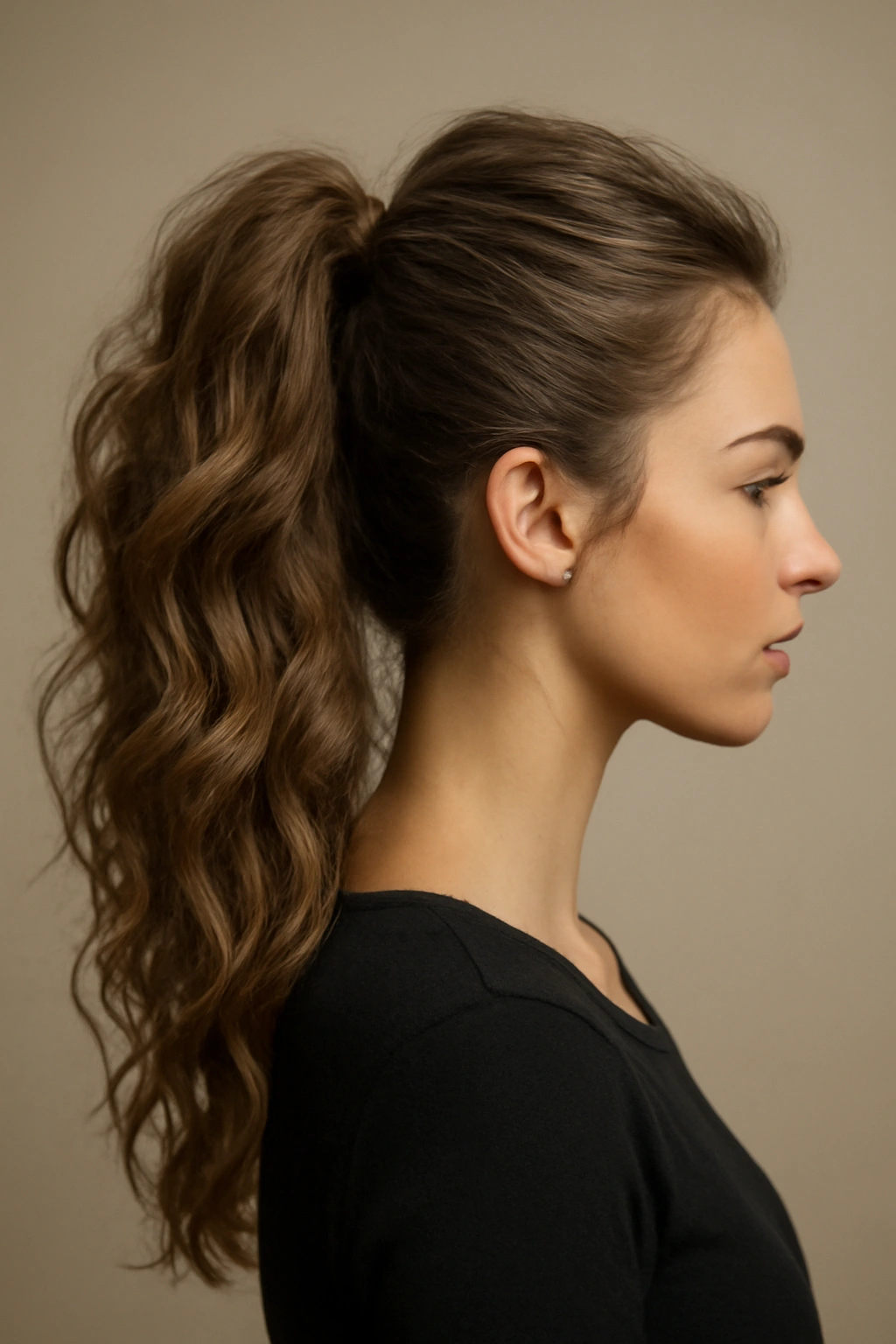 Three-quarter view of a textured voluminous high ponytail with waves