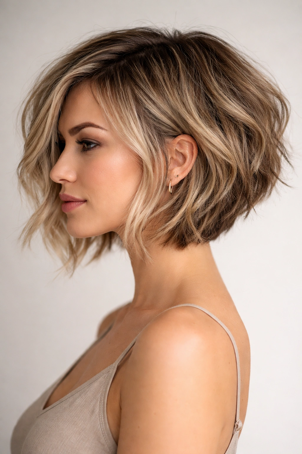 Textured inverted bob with choppy layers and visible movement