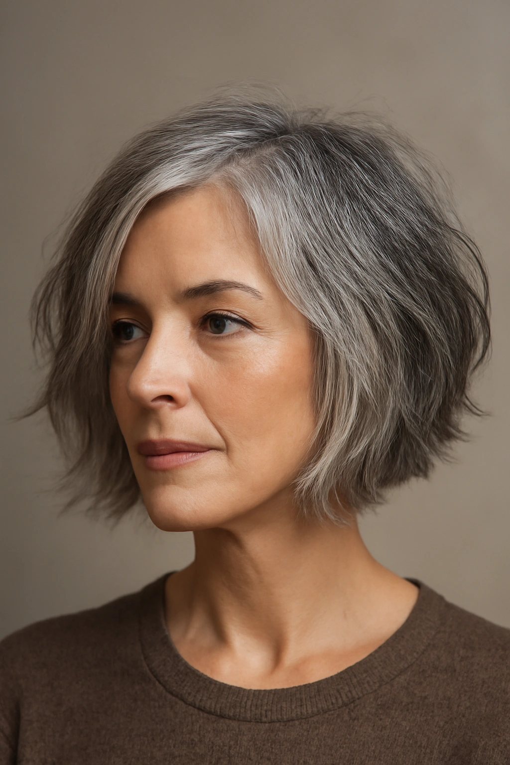 10 Short Haircuts for Women Embracing Their Gray Hair 2 Jawline-length textured bob with gray hair and choppy layers