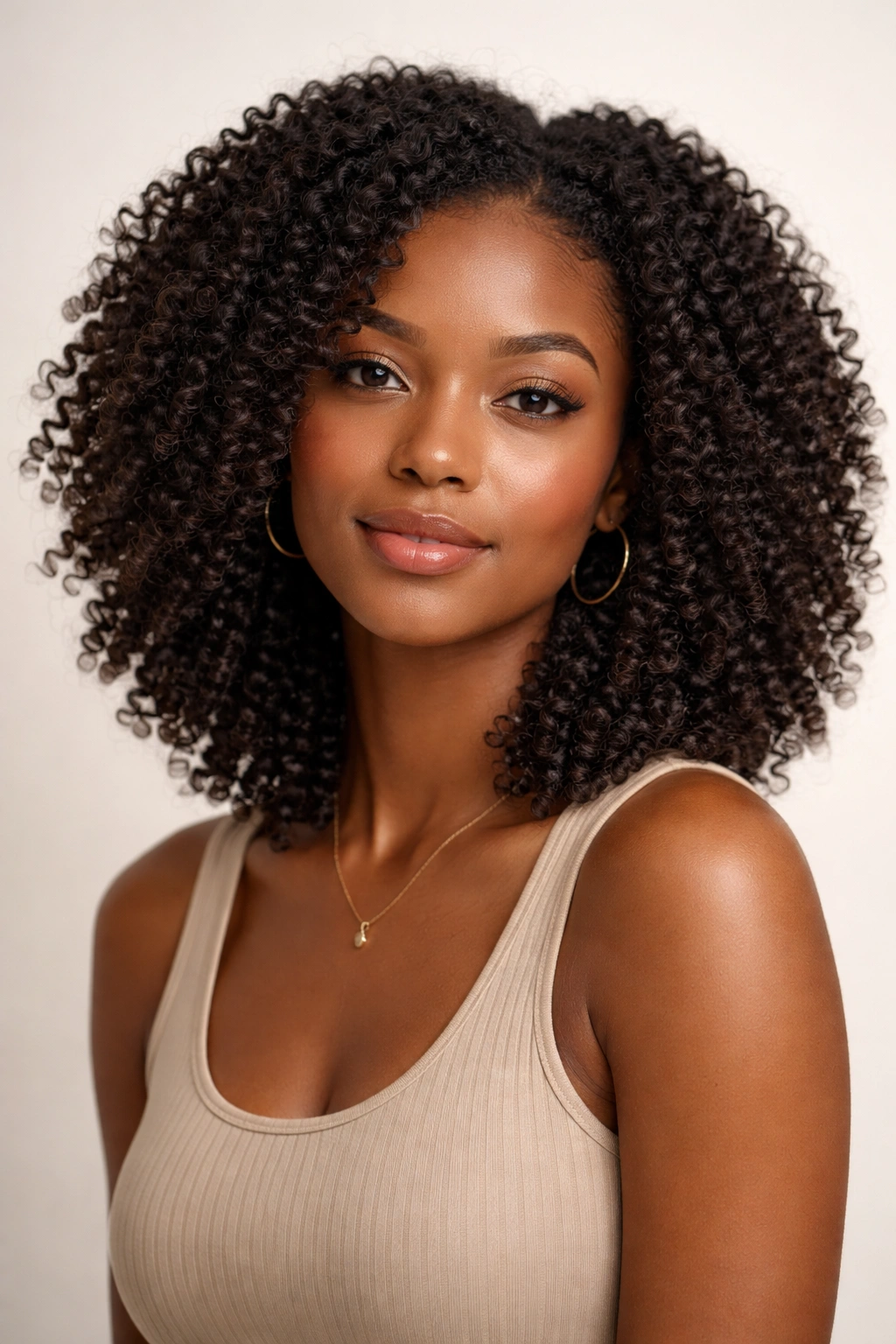 Shoulder-length kinky curls with defined texture and subtle layering