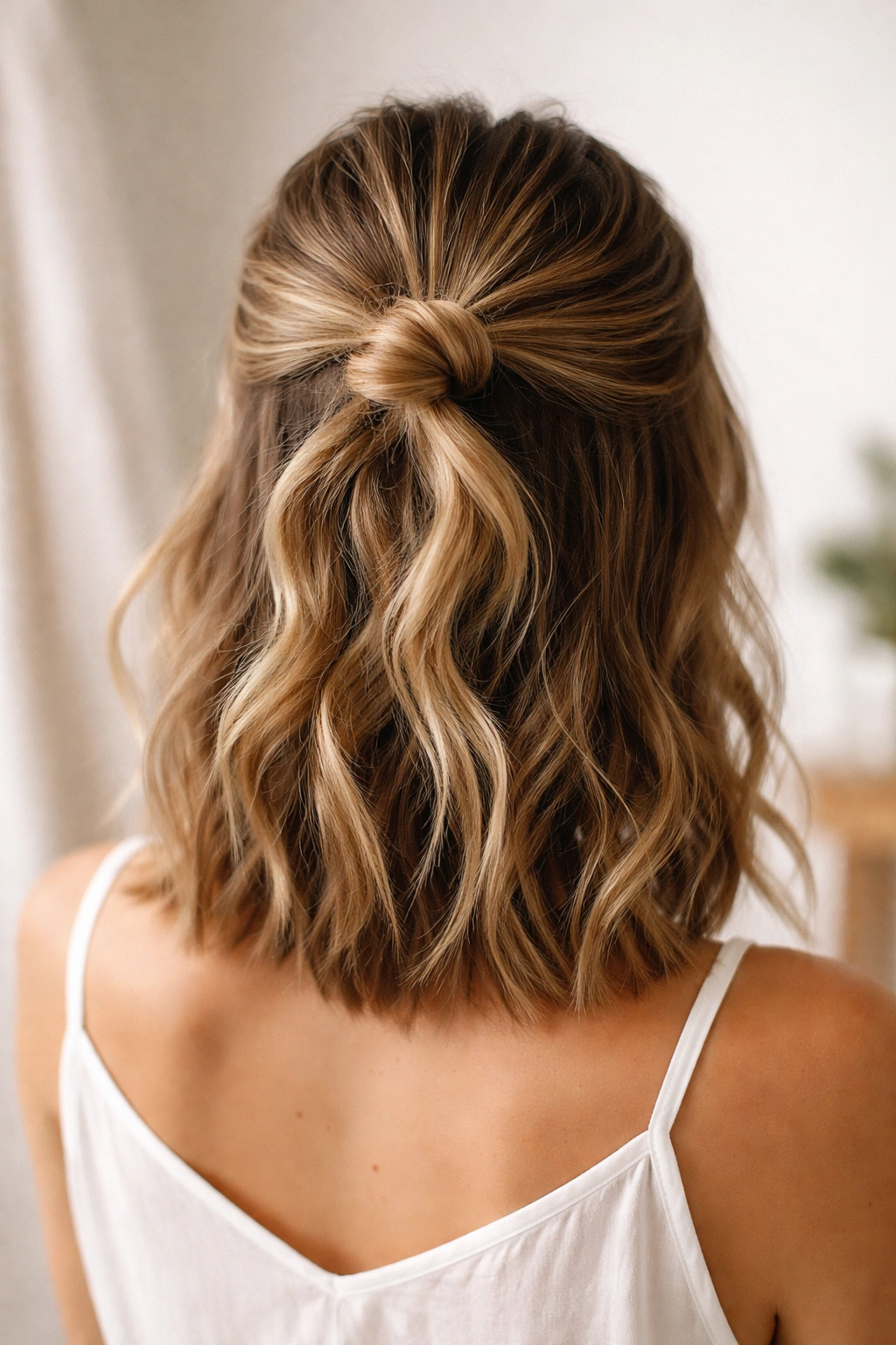 Upper-half knot hairstyle on short hair with textured, loose knot and flowing hair below.
