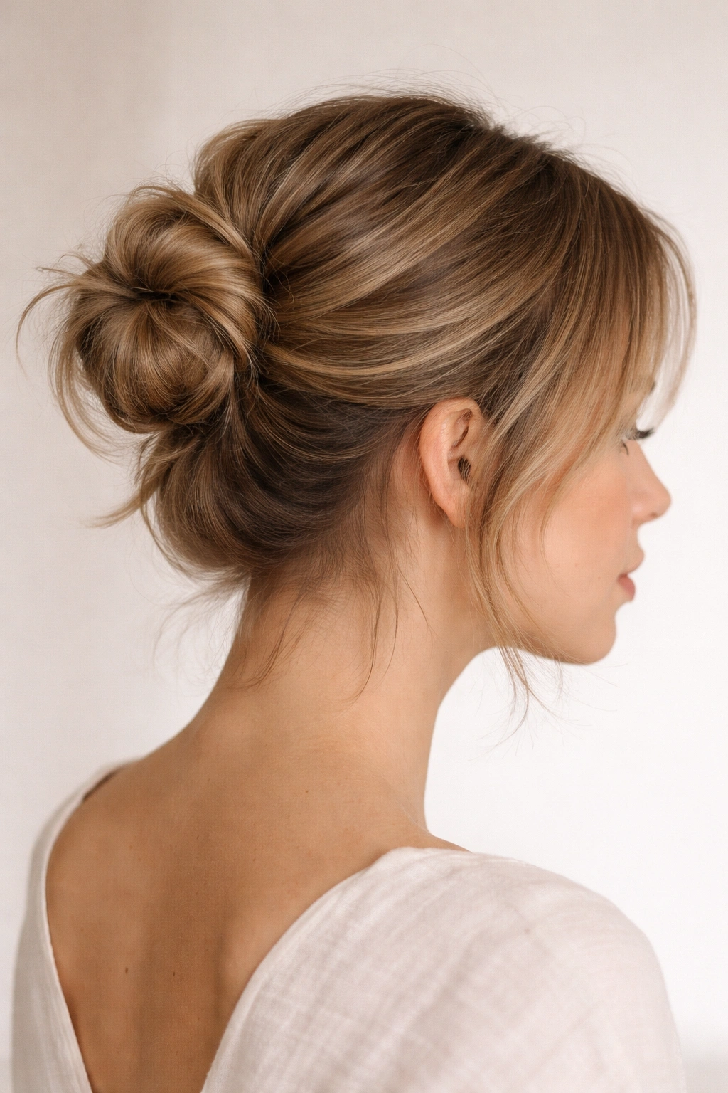 Close-up of a short-textured knot updo with wispy face-framing strands