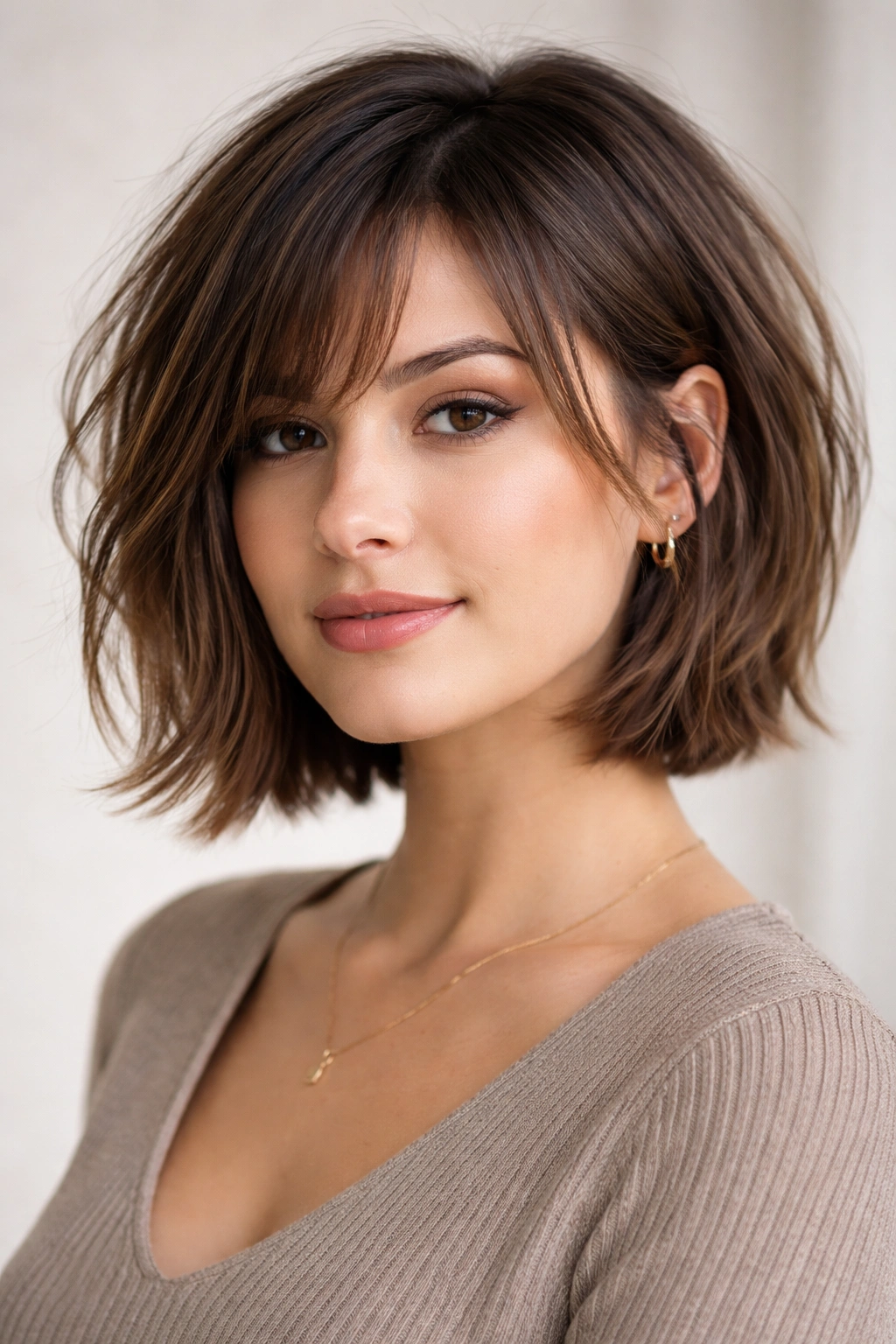 Portrait of a person with textured layered bob for round faces and medium-thickness hair