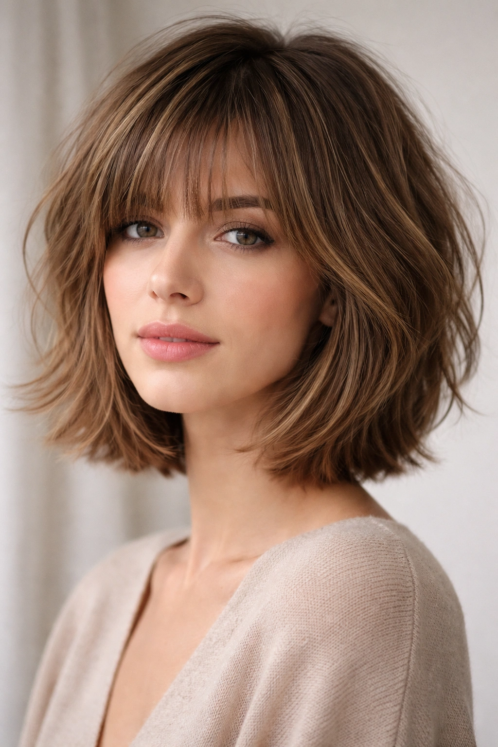 15 Layered Bob Haircuts For Thin And Thick Hair 13 Close-up of a model with a textured layered bob and wispy bangs in soft studio light