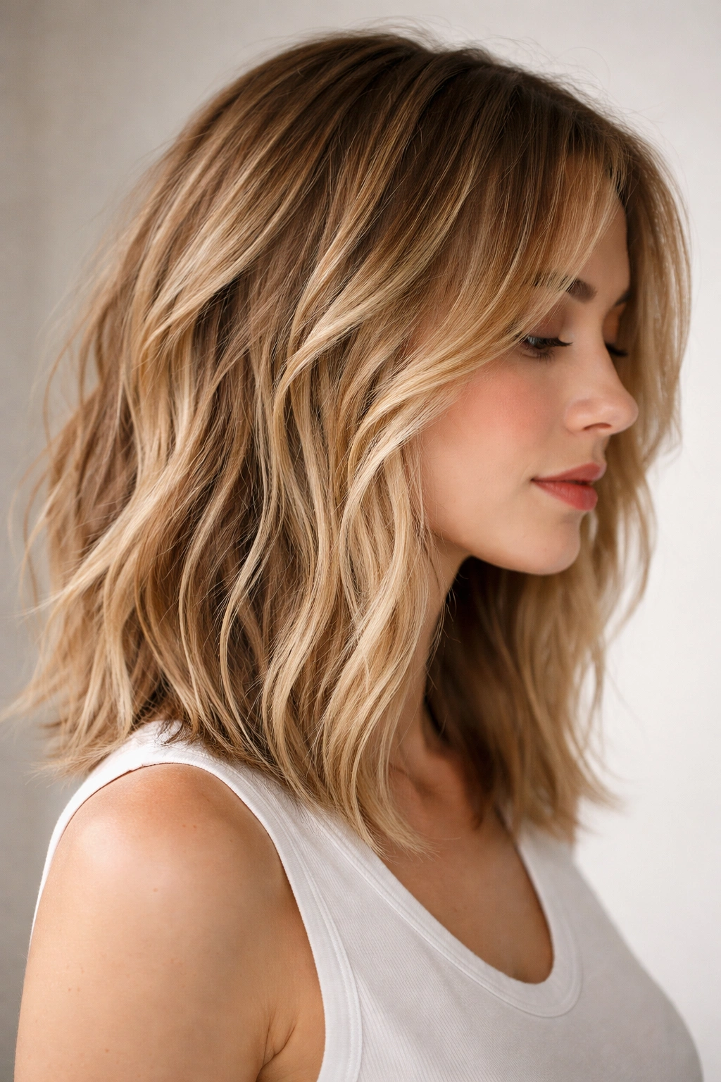 Textured layered lob with razored ends on fine wavy hair