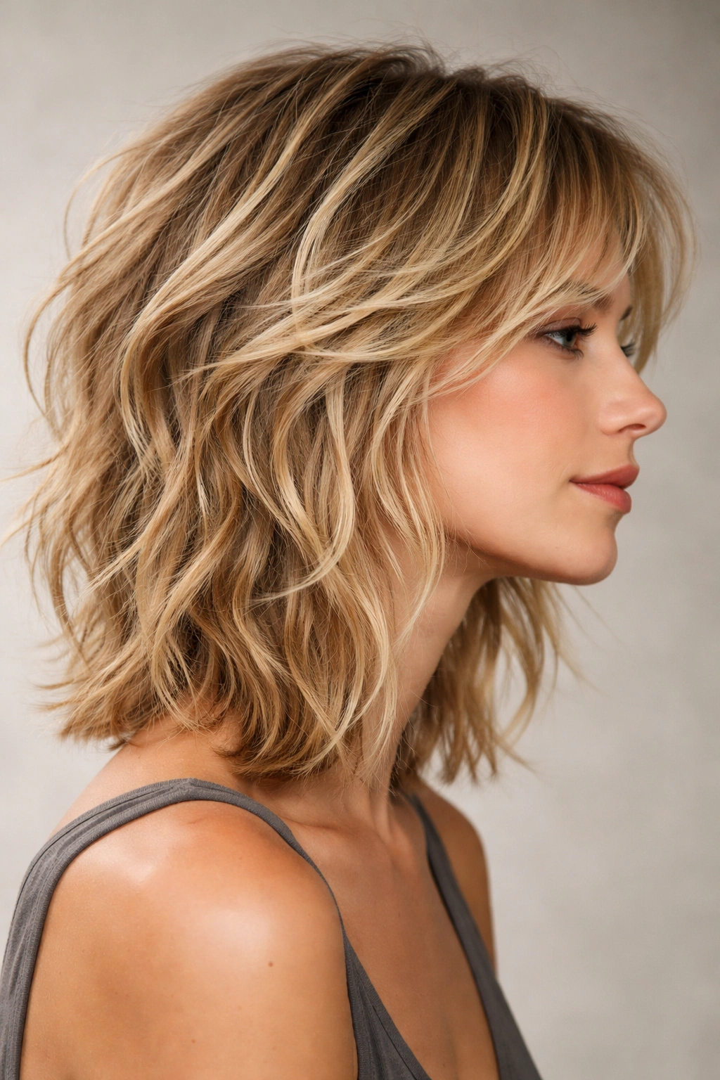 Close-up of fine, wavy hair with textured choppy layers