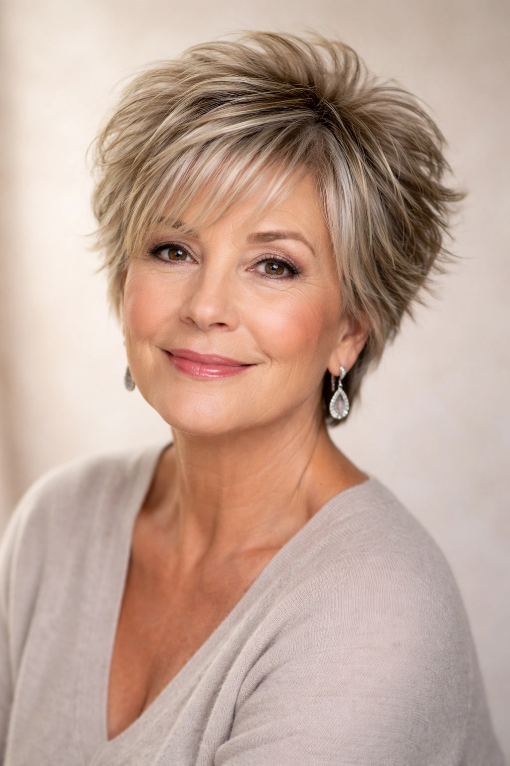 Mature woman with textured layers adding height to a round face