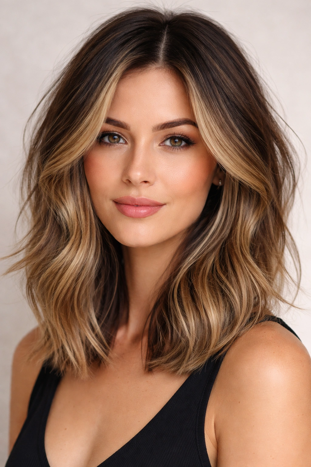 Textured long bob with balayage highlights and soft waves