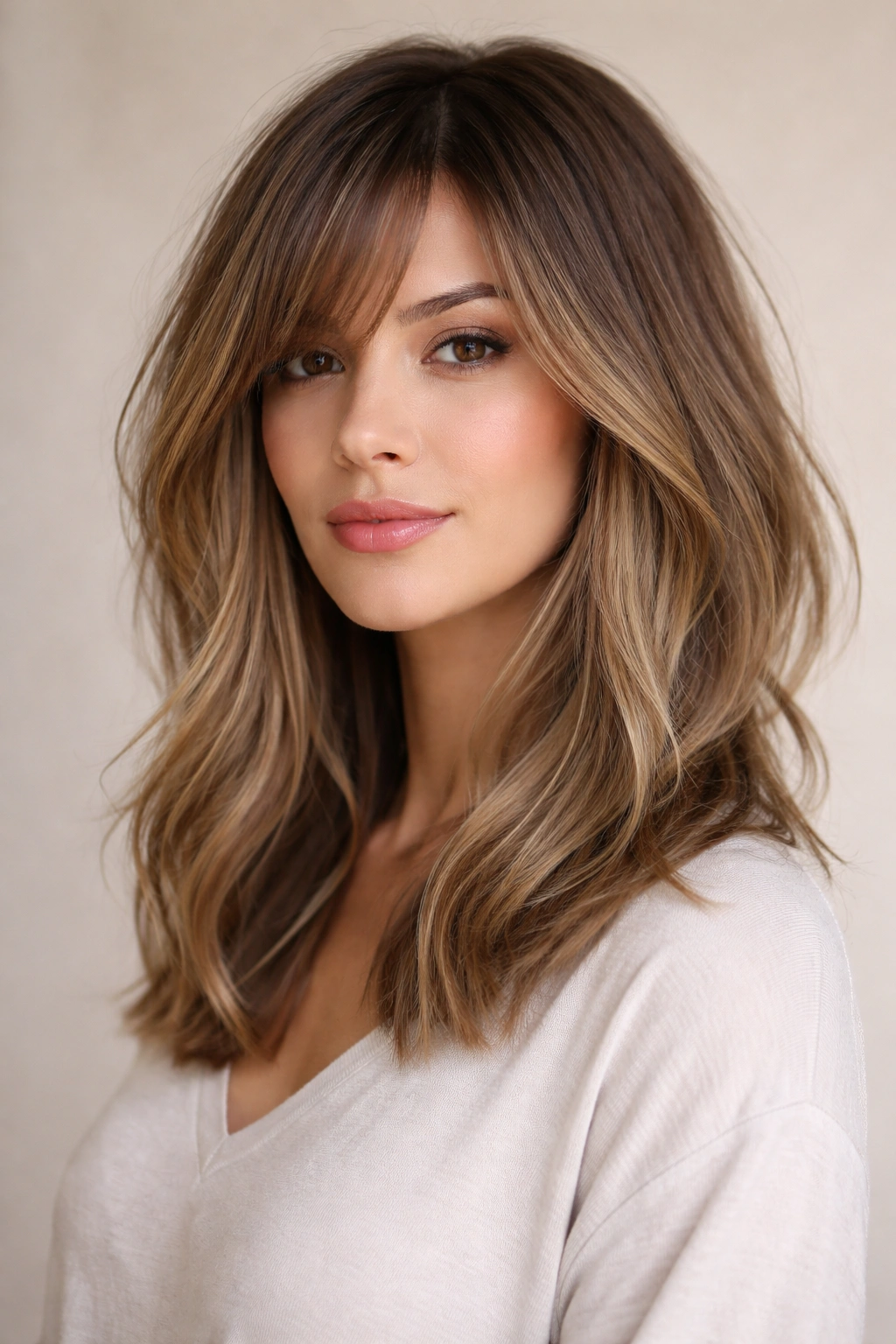 Textured lob with integrated long side bangs framing the face.