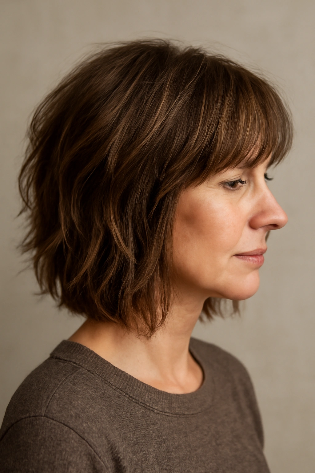 Close-up view of a textured lob with choppy bangs, highlighting crown volume