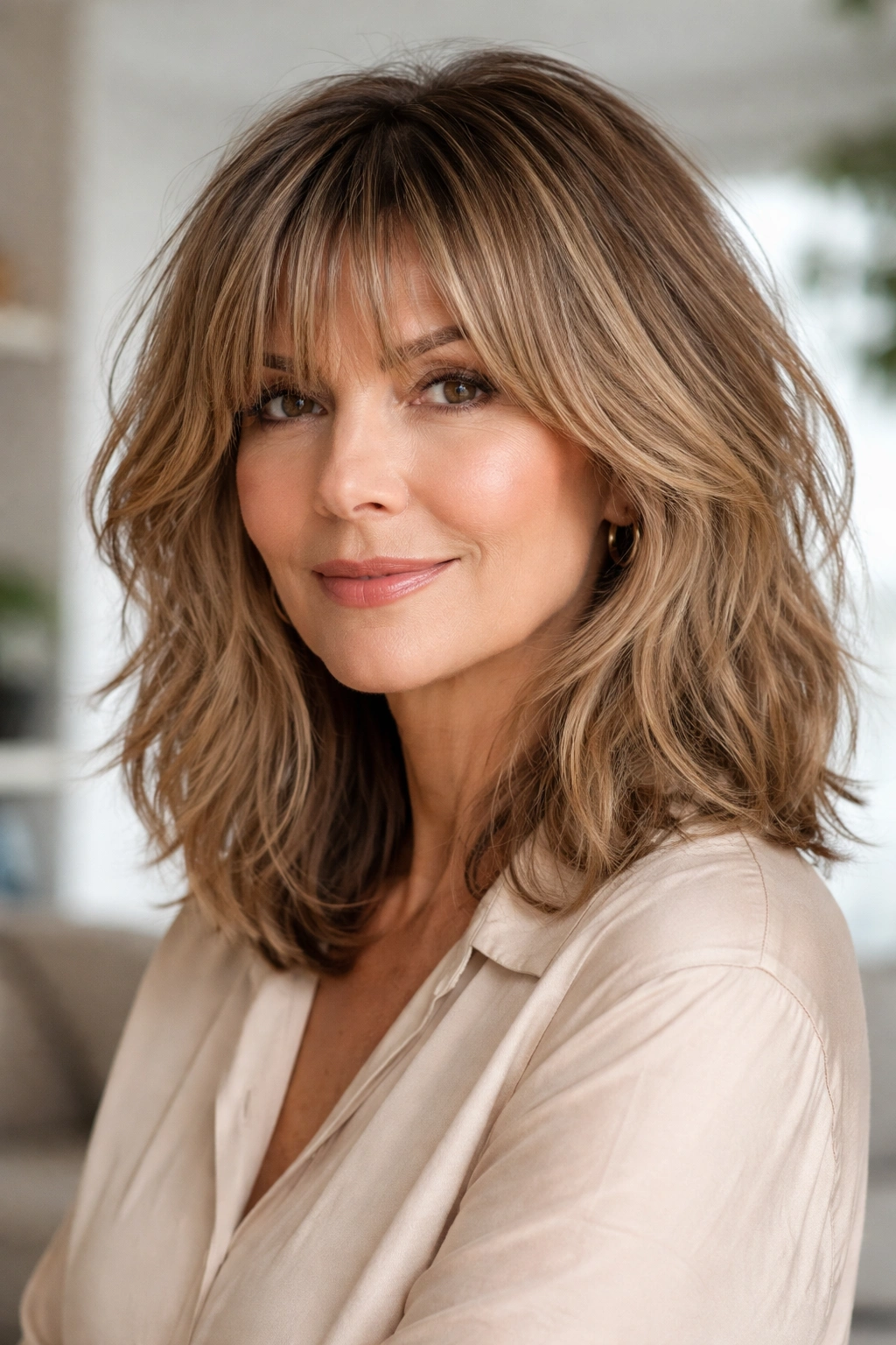 Textured lob with longer bangs showing movement and dimensional color