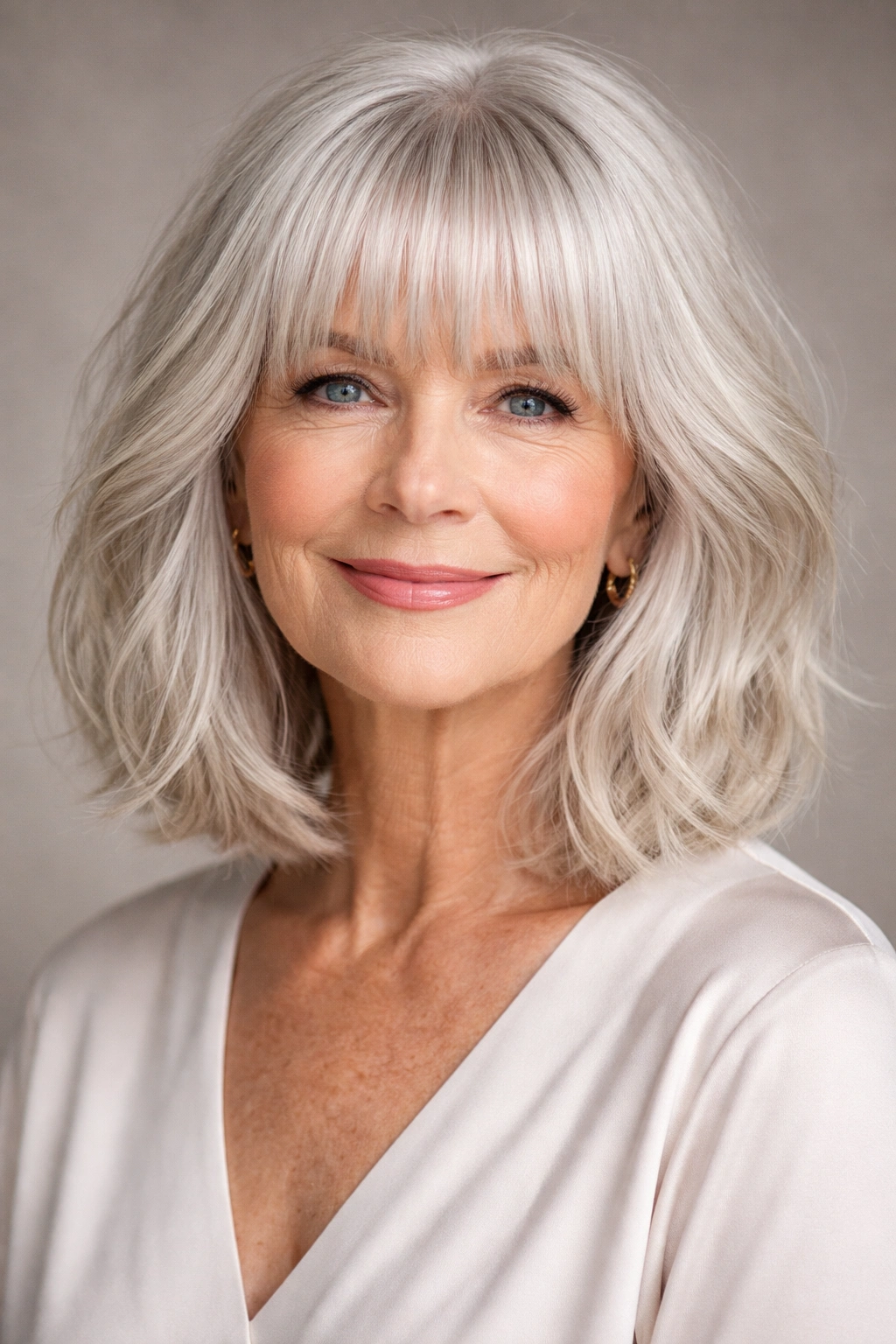 Woman with textured lob and blunt fringe