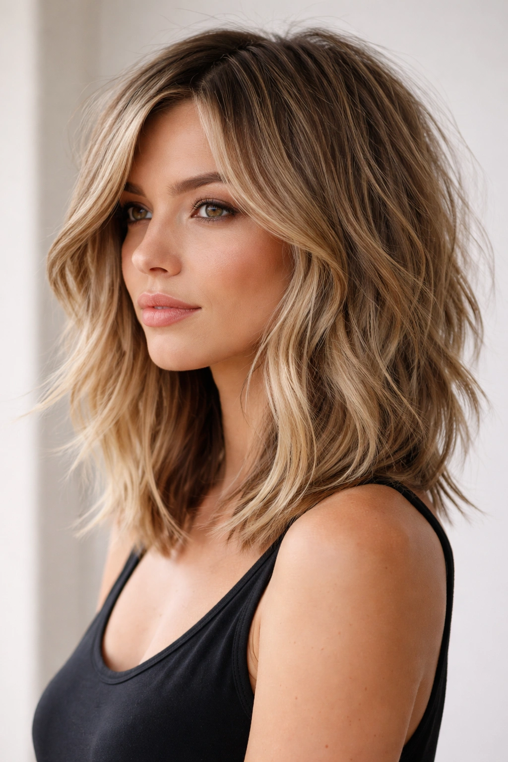 Medium-length textured lob with choppy layers and subtle wave