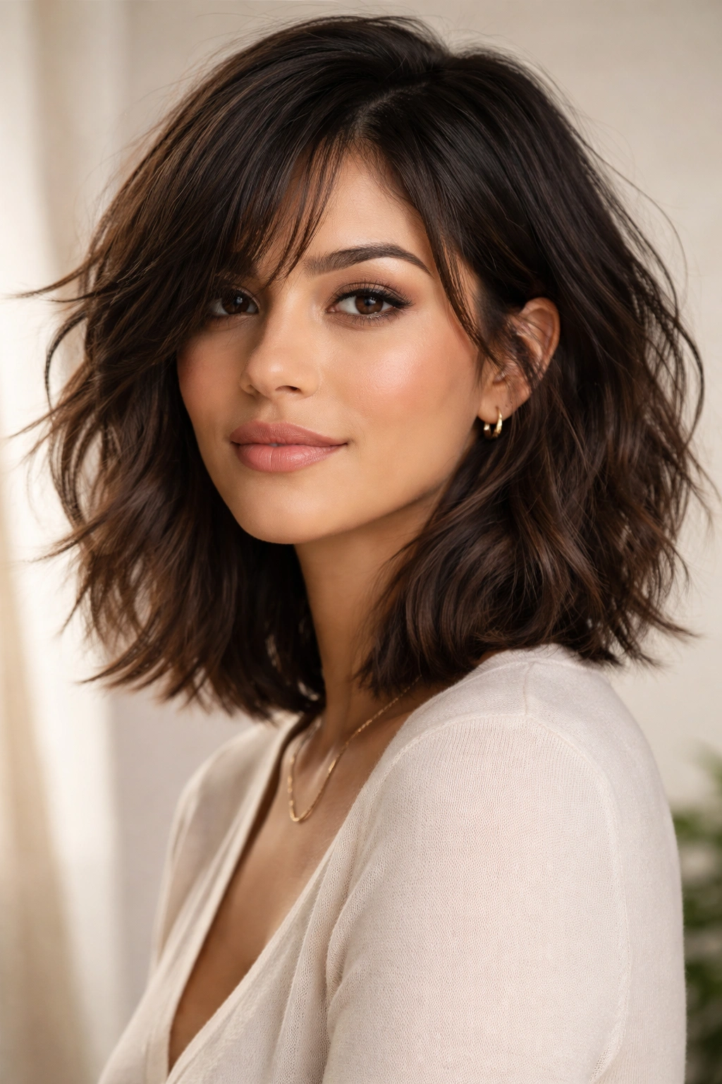 Latina woman with textured lob and choppy layers hairstyle