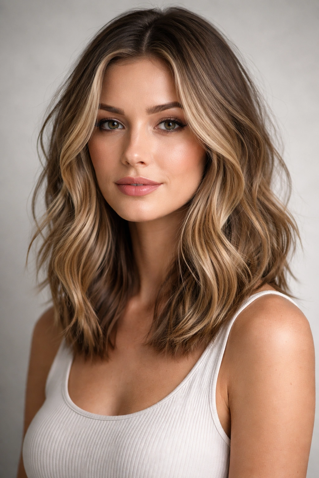 20 Long Face Hairstyles With And Without Bangs 13 Close-up of a collarbone-length textured lob with choppy layers and waves, no bangs