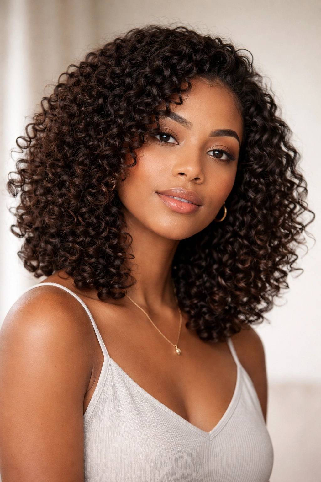 Shoulder-length textured lob on 3C curls with varied layers