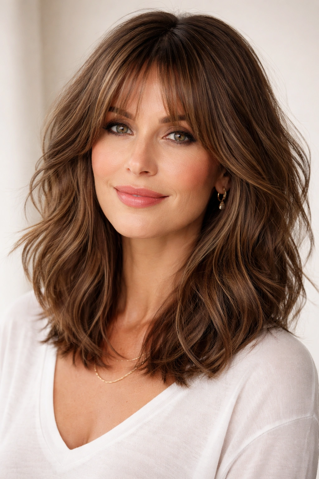 Close-up of textured lob with curtain bangs on a model