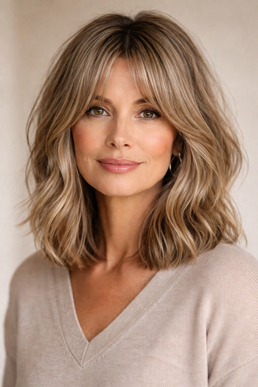 Collarbone-length textured lob with curtain bangs framing the face