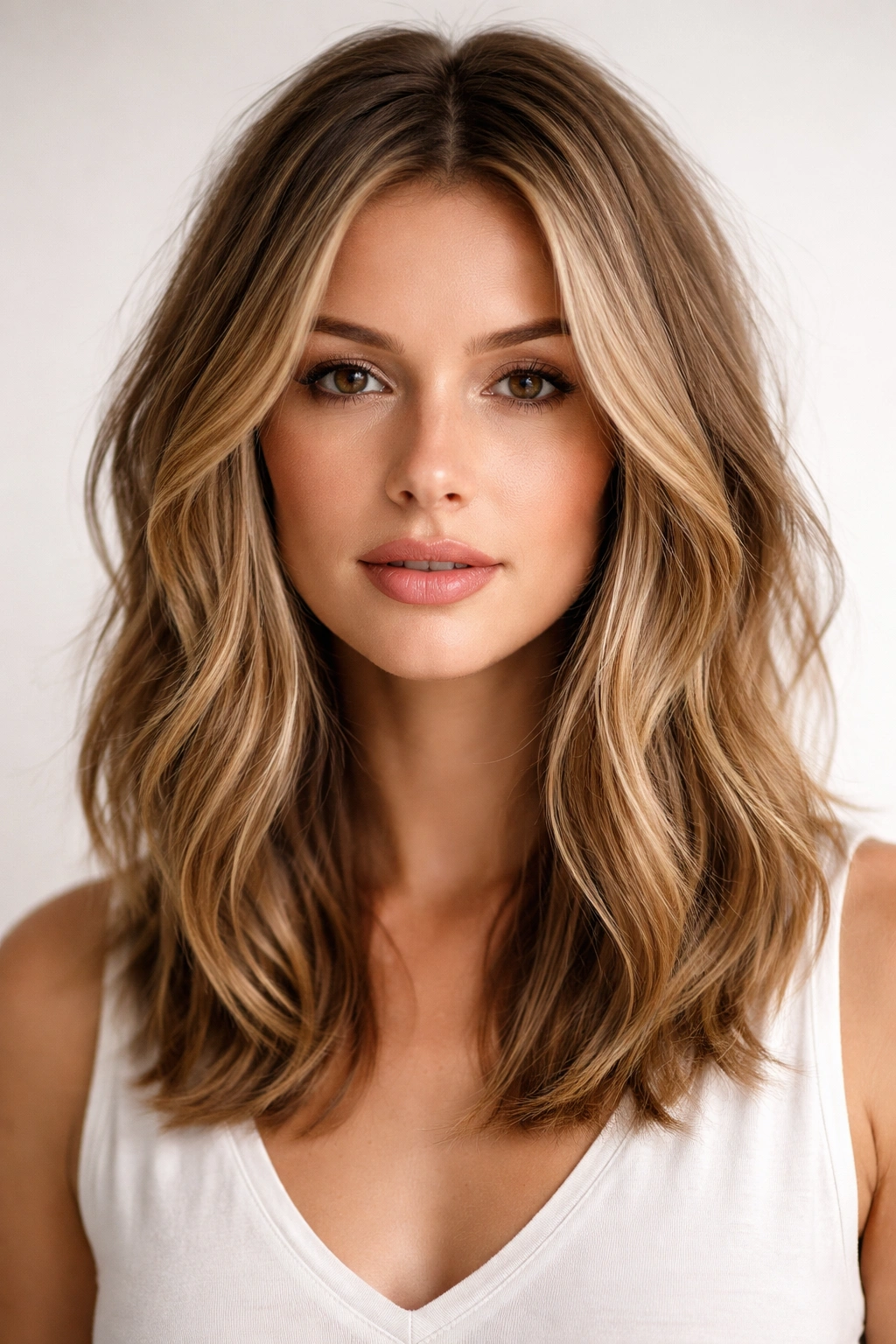 Textured lob with face-framing pieces highlighting cheekbone framing