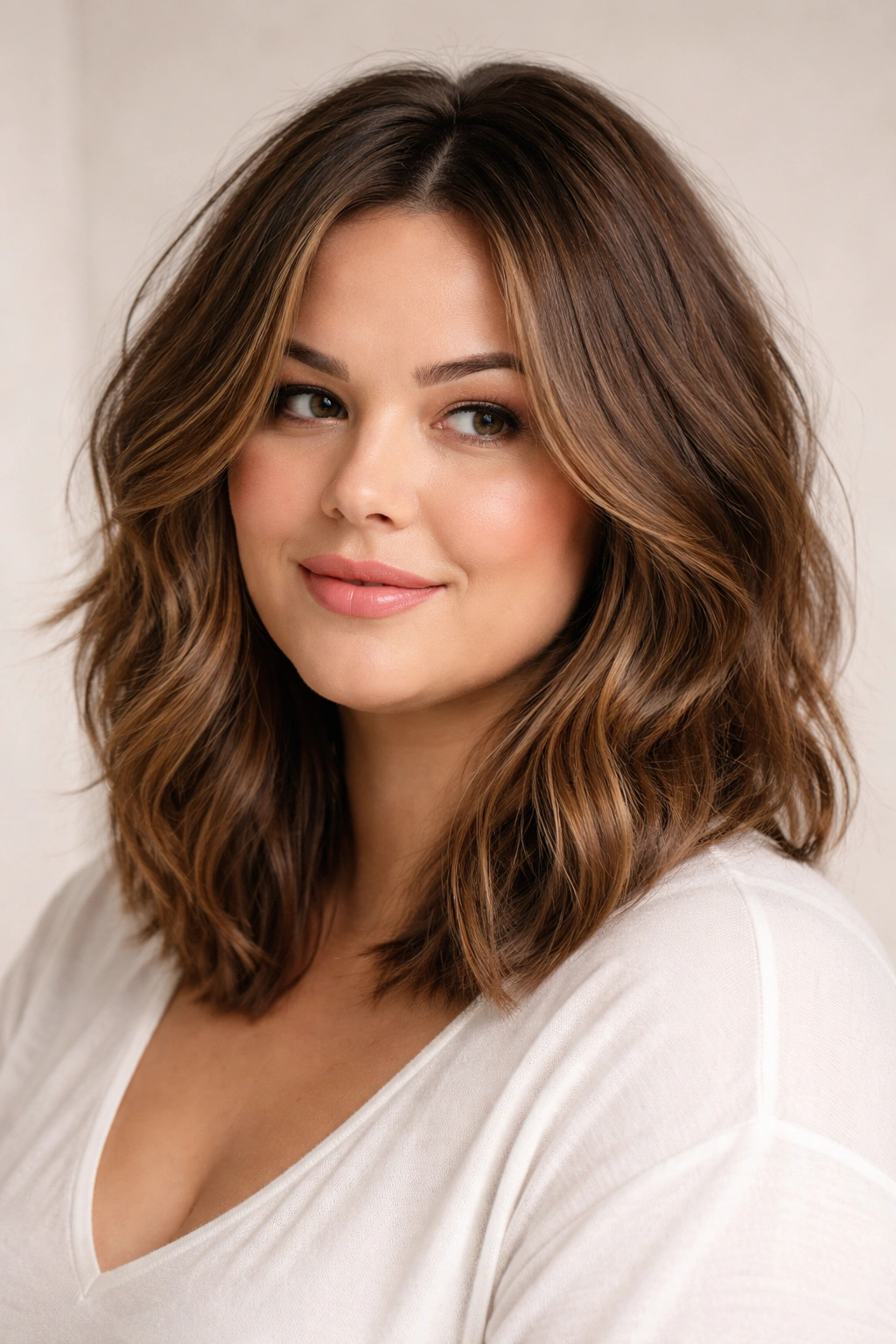 Shoulder-length textured lob with face-framing layers on a plus-size model