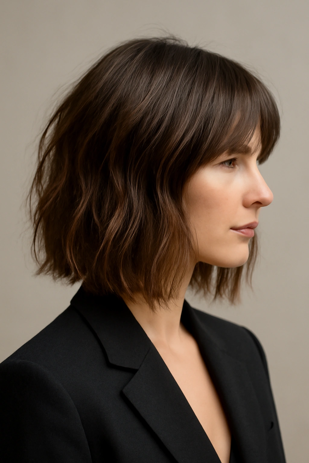 10 Hairstyles That Instantly Elevate Any Blazer Outfit 4 Close-up of Textured Lob hairstyle with shoulder-length layers in a blazer-ready portrait
