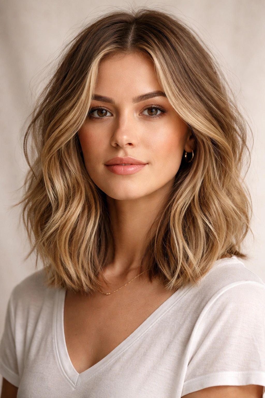 Close-up of a textured lob haircut with layered ends and gentle movement