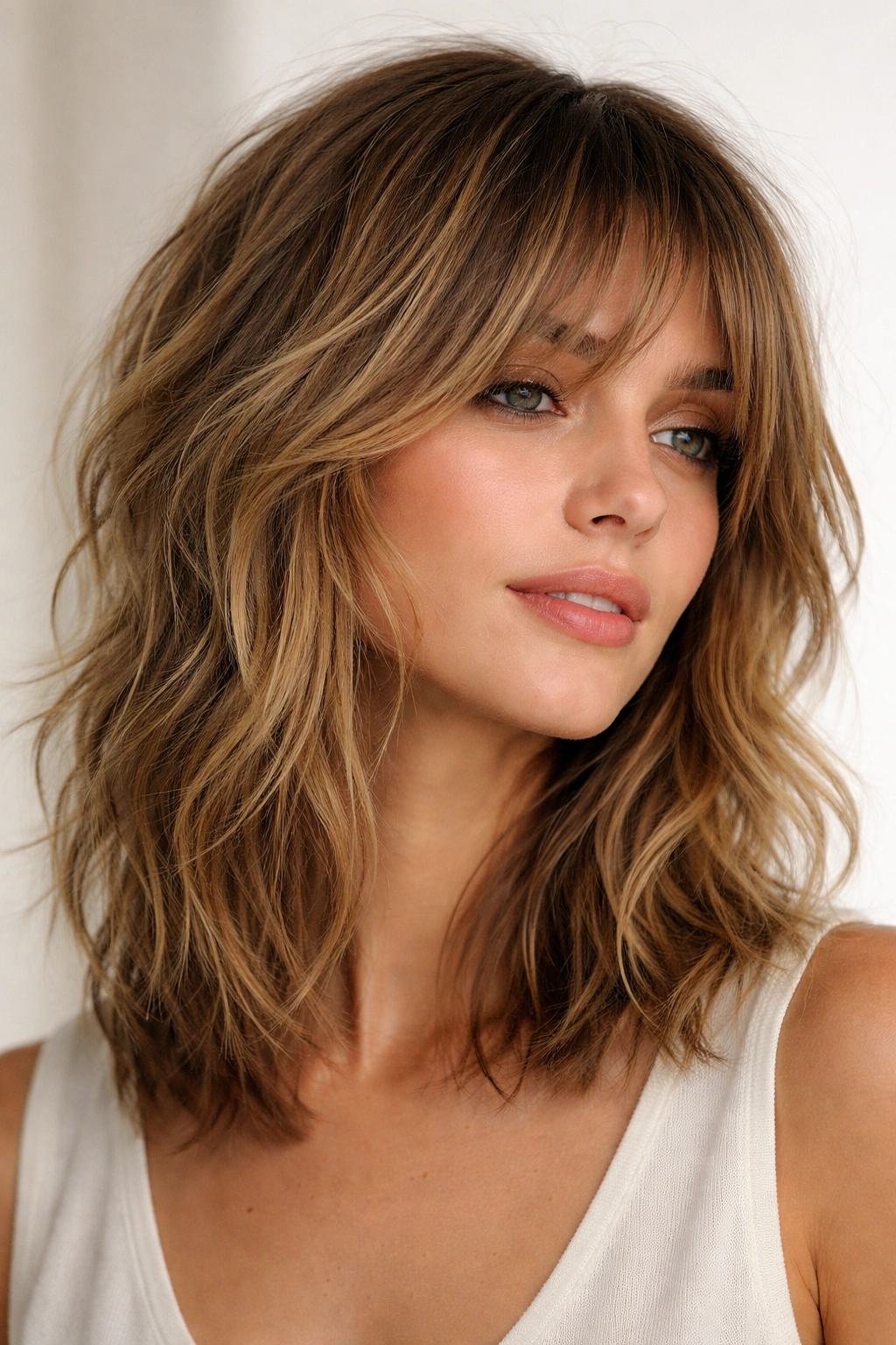 Close-up of a textured lob haircut with choppy layers and gentle waves