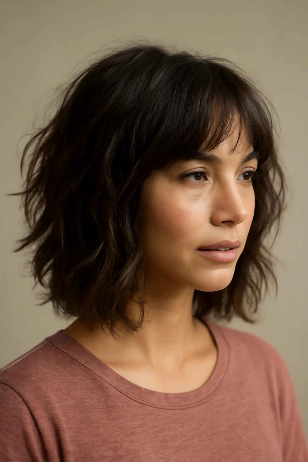 15 Wash and Go Haircuts That Need Almost No Effort 9 Textured lob hairstyle with chin-to-shoulder length and choppy texture in studio light.