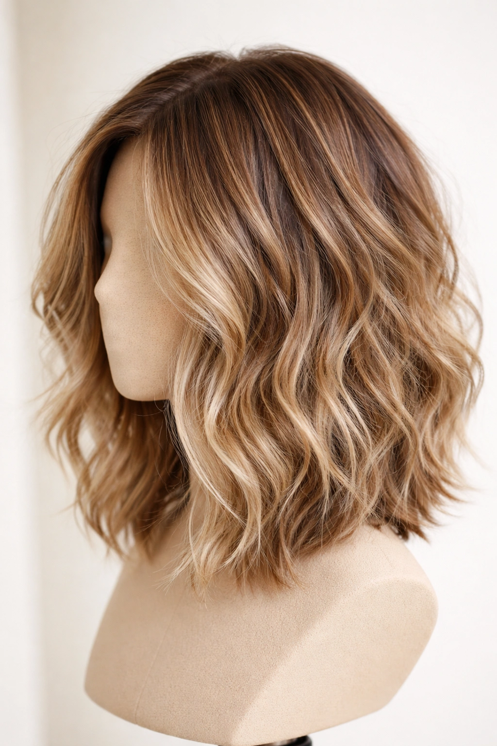 Close-up of shoulder-length textured lob with layered waves on a mannequin head