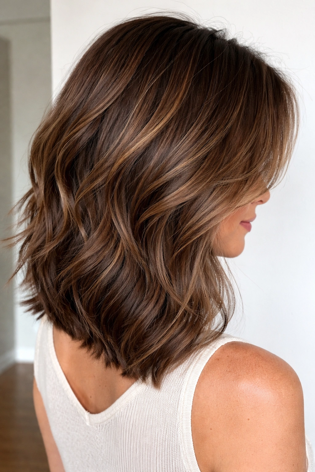 Collarbone-length textured lob with internal layers and movement