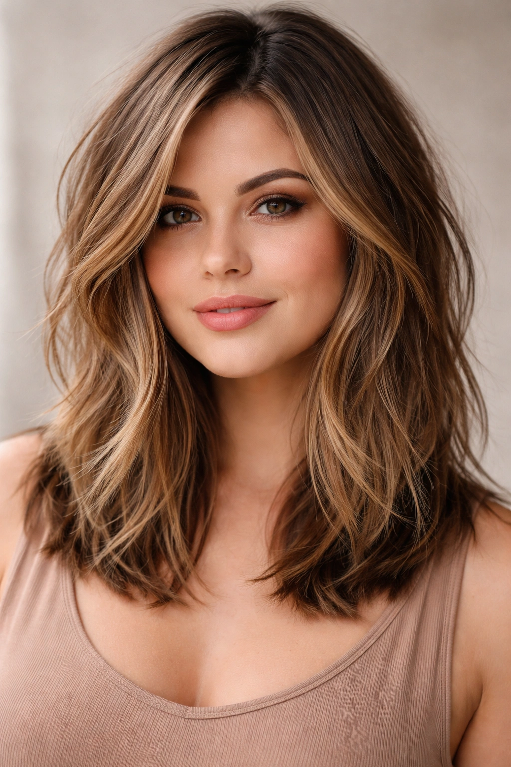 15 Slimming Haircuts That Flatter Fuller Faces 1 Close-up of a textured lob haircut with layered ends for definition on a fuller face