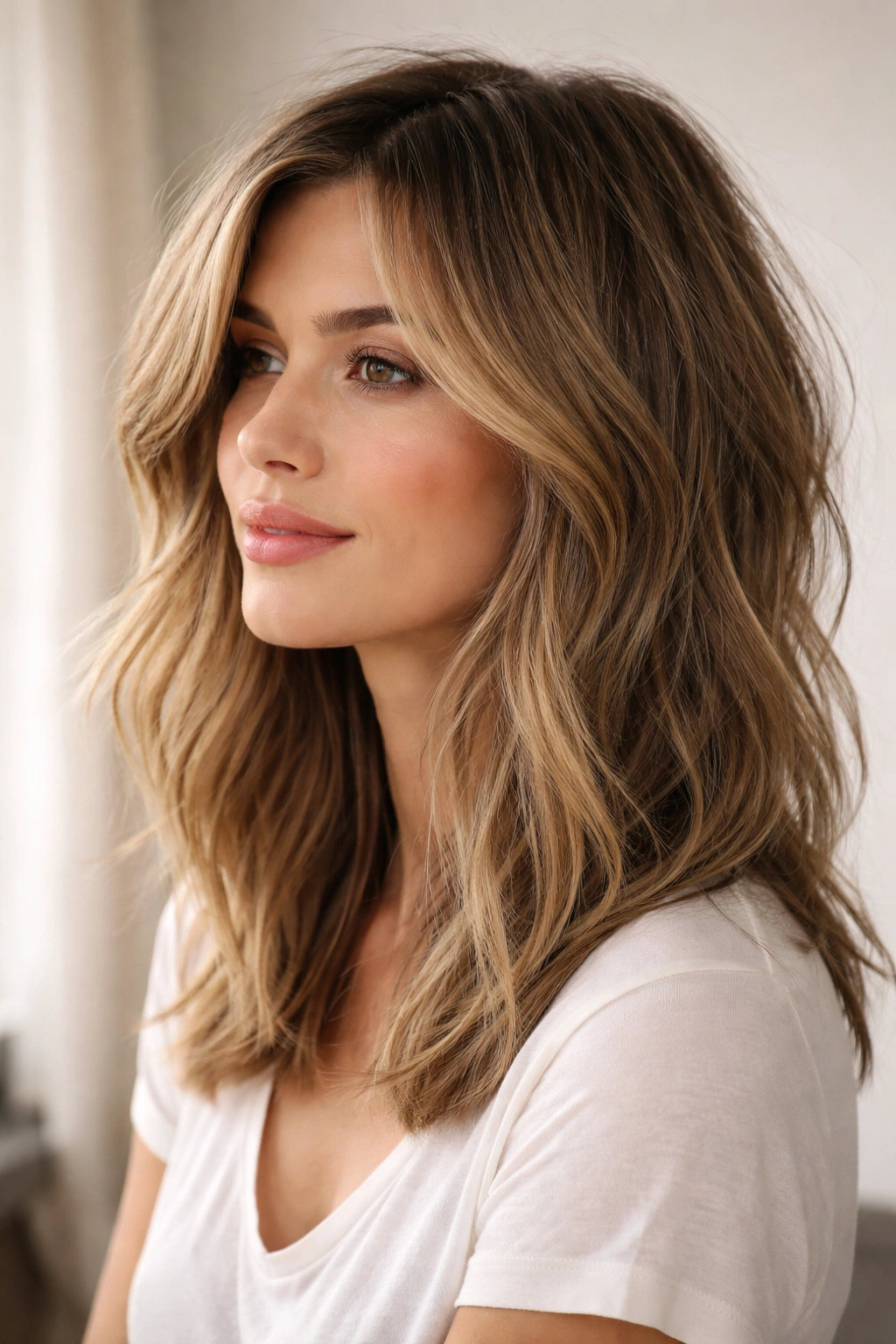 25 Medium Length Hairstyles For Women On The Go 1 Close up of textured lob with soft layers, tousled air-dried hair