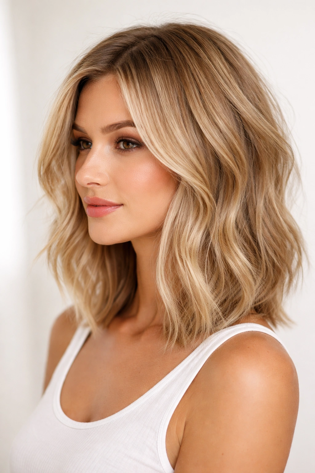 Shoulder-length textured lob with even layers and subtle movement.