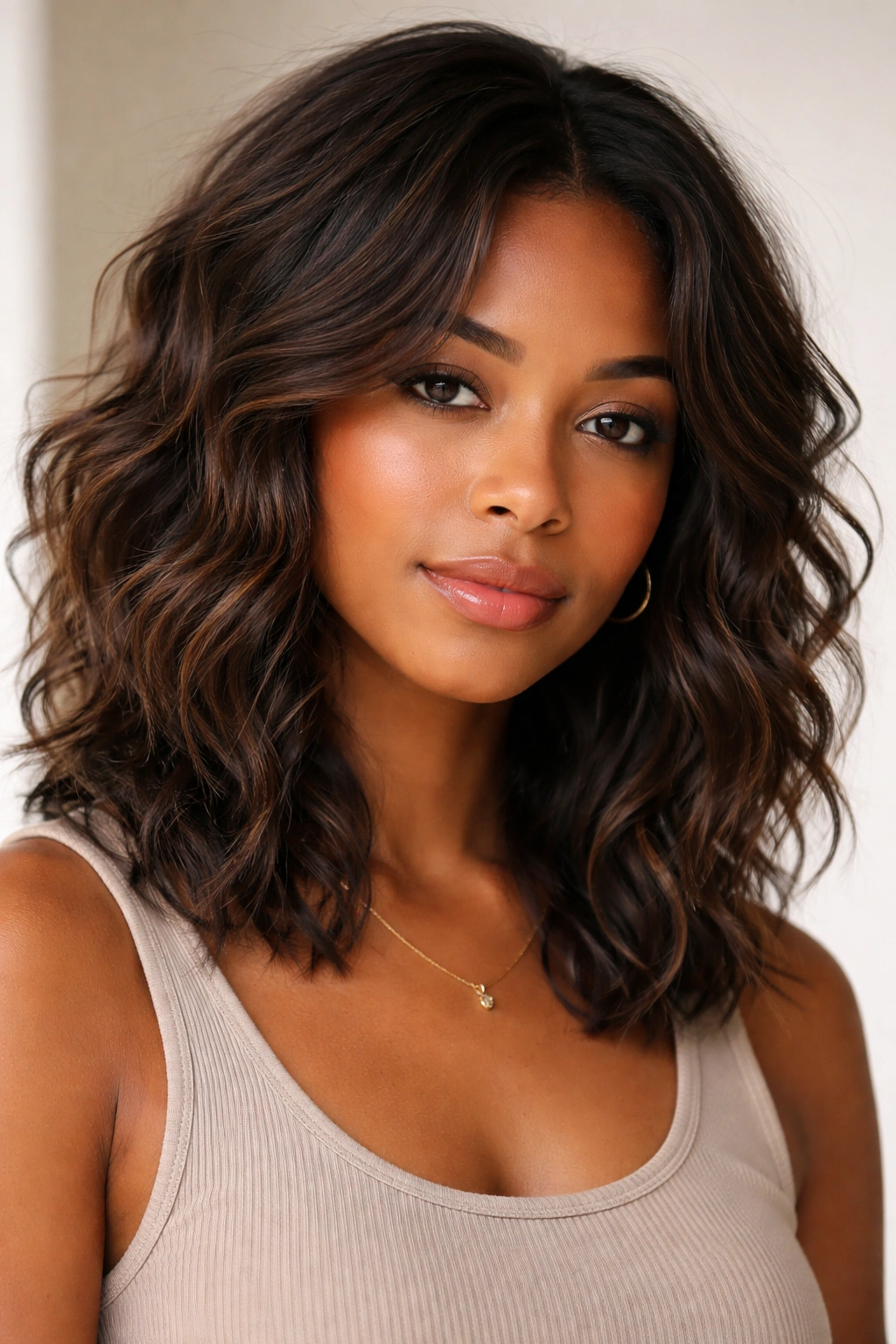 Textured long bob with layered waves and curls.