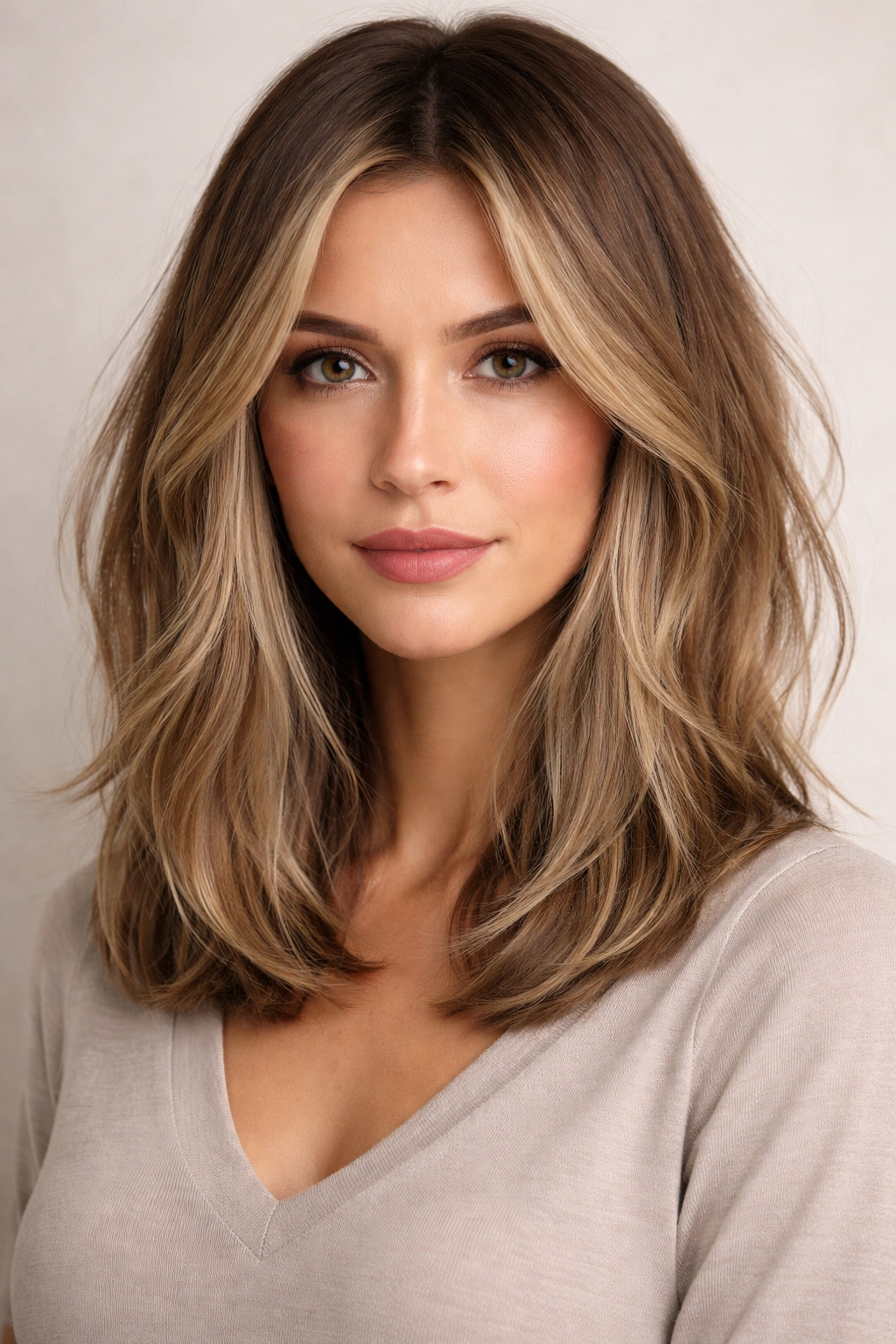 Close-up portrait of a textured long bob with cheekbone-height face-framing layers in studio lighting