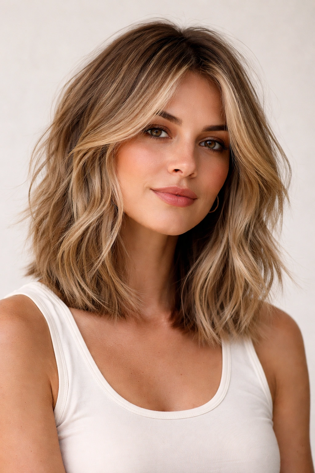 Close-up of a shoulder-length textured lob with choppy layers and face-framing pieces.