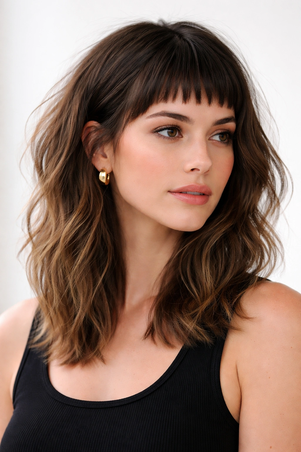 Textured lob hairstyle with micro bangs on a clean studio backdrop.