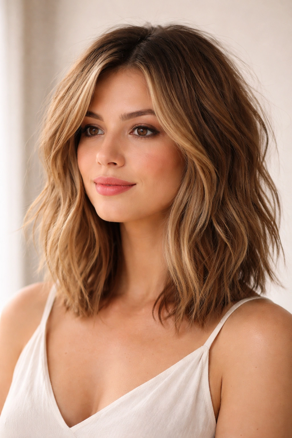 12 Haircuts For Round Faces And Double Chins 2 Portrait of a shoulder-length textured lob with piece-y ends