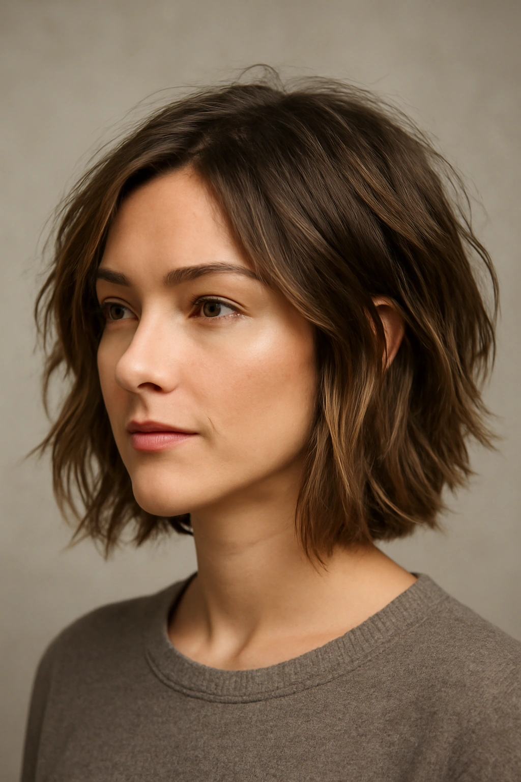 25 Short Hairstyles That Will Instantly Upgrade Your Look 20 Frontal view of a textured lob haircut showing layered movement from chin to below chin