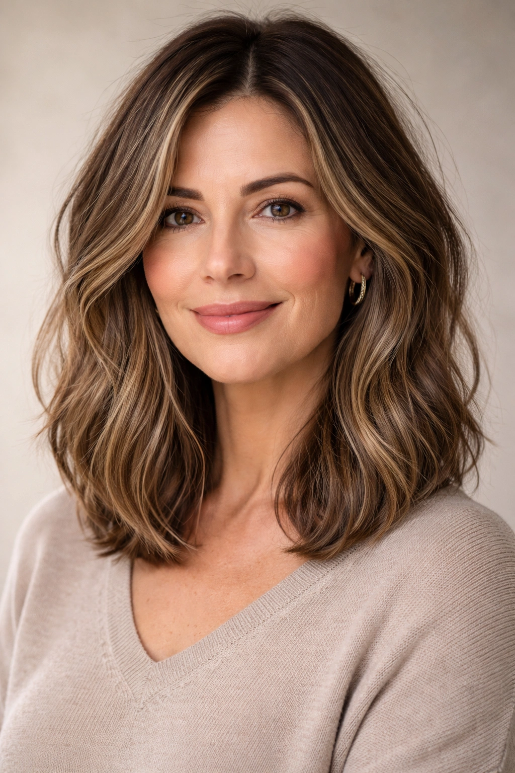 Textured long bob with undone waves and subtle layers on a mature woman