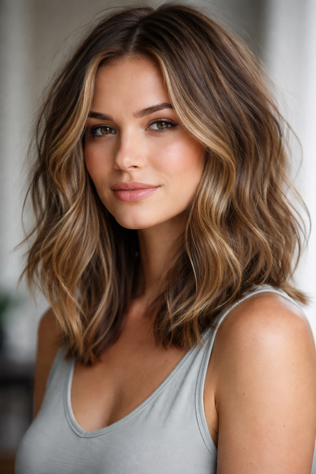 Shoulder-length textured lob with built-in layers and movement