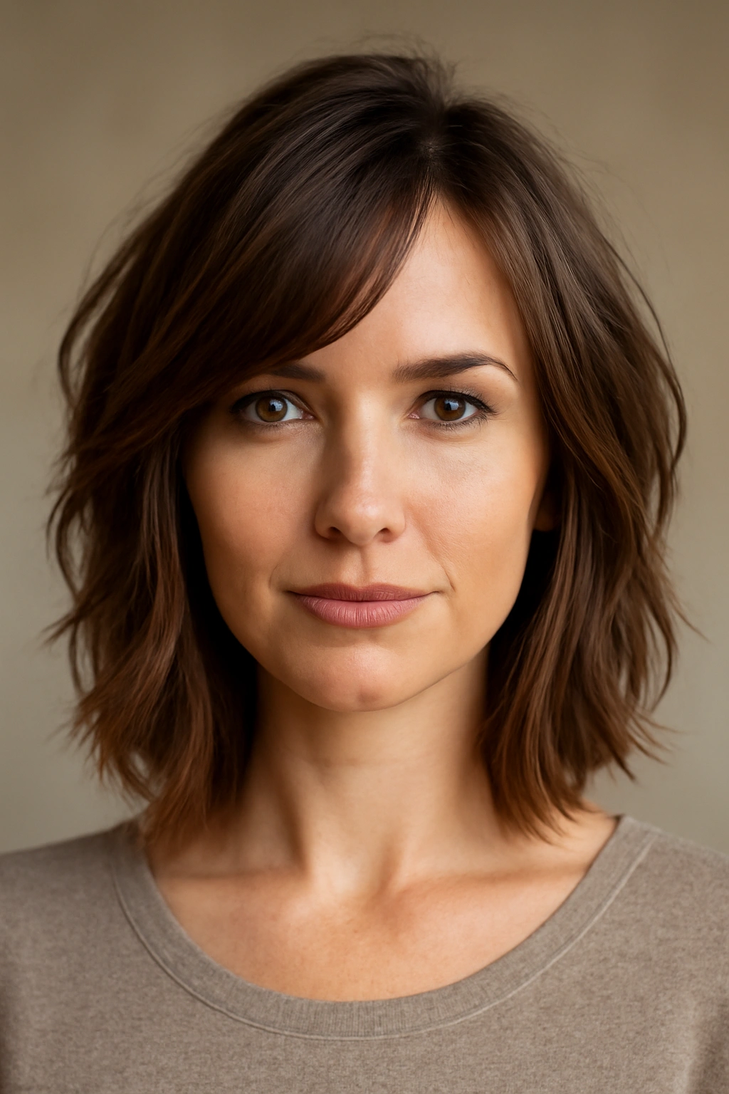 20 Medium Layered Haircuts Stylists Get Asked For Most 7 Close-up of a textured lob with side layers framing the face