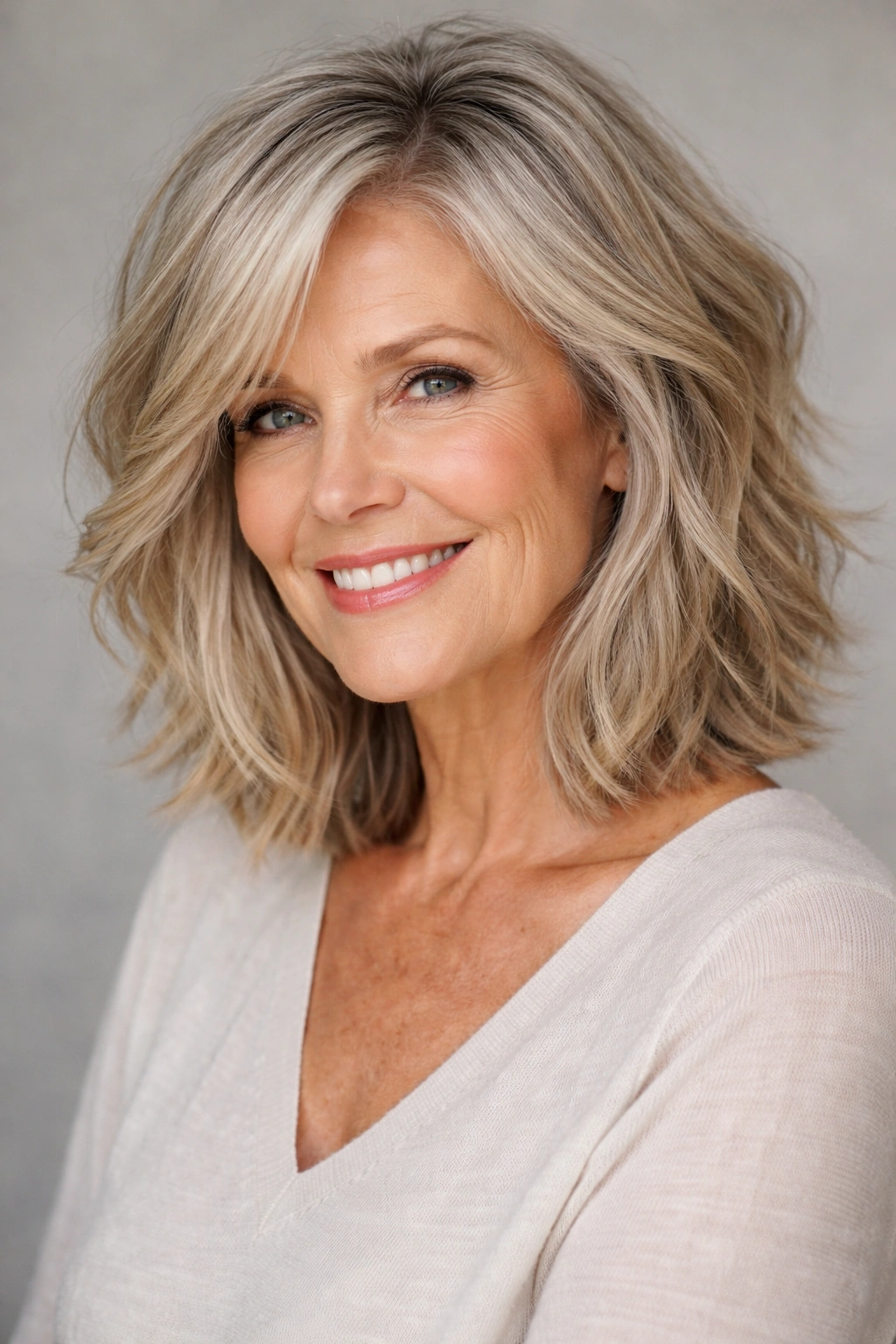Textured shoulder-length lob with deep side part and choppy layers.