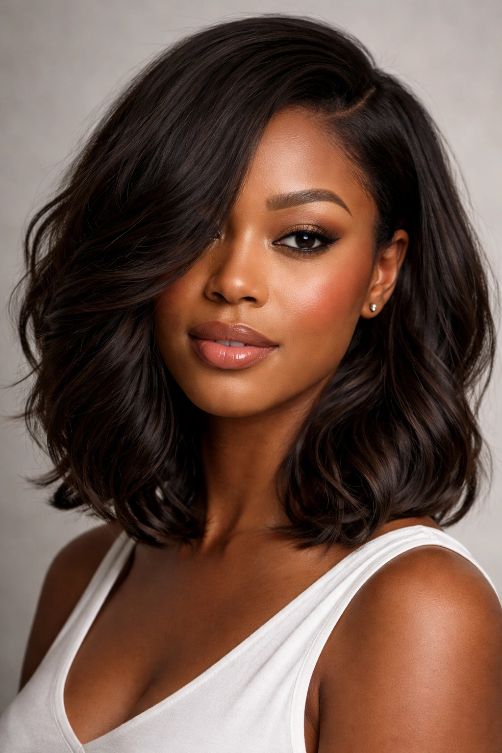Close-up of a textured lob hairstyle with a deep side part on a model.