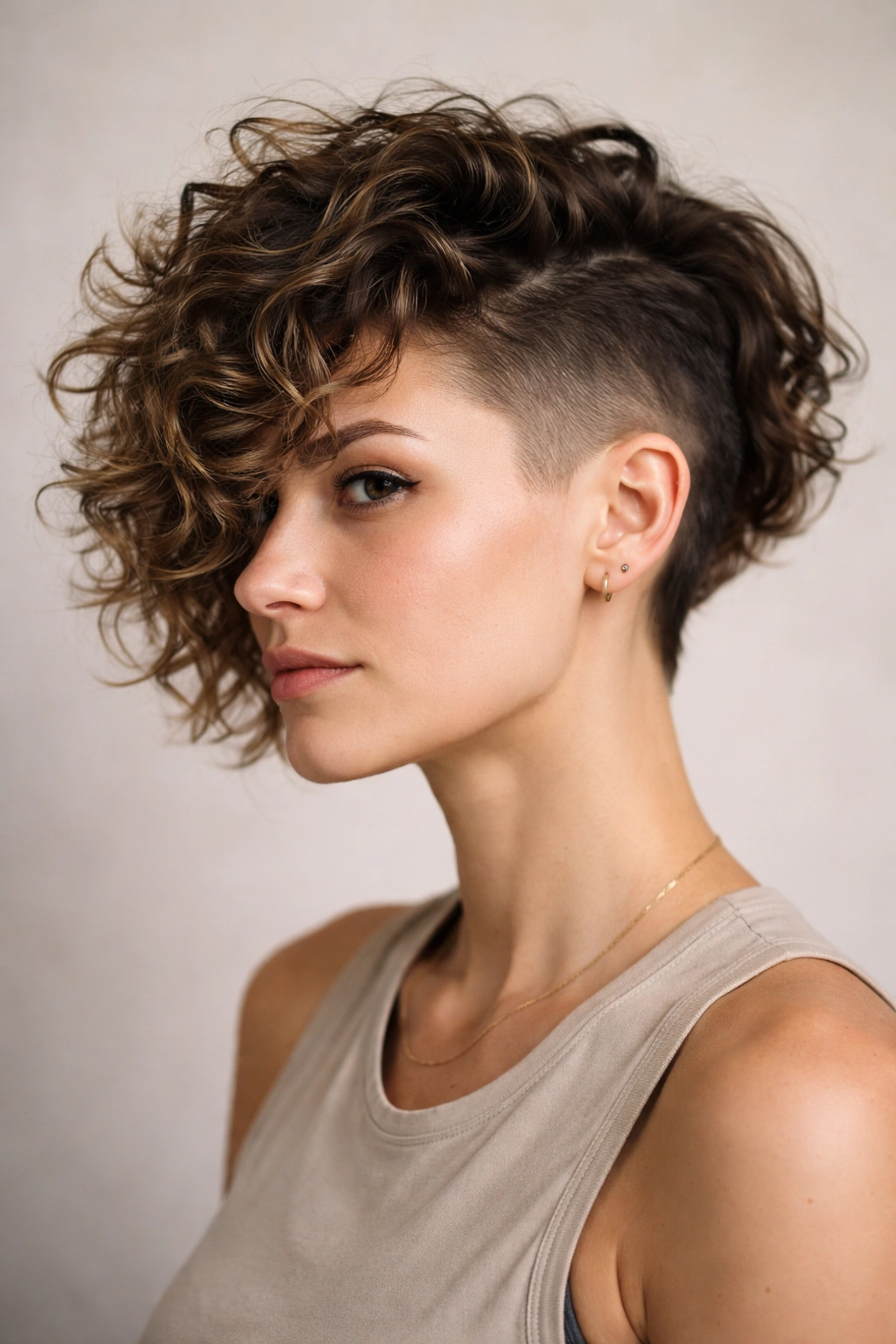 Portrait of a textured lob with undercut and curled top