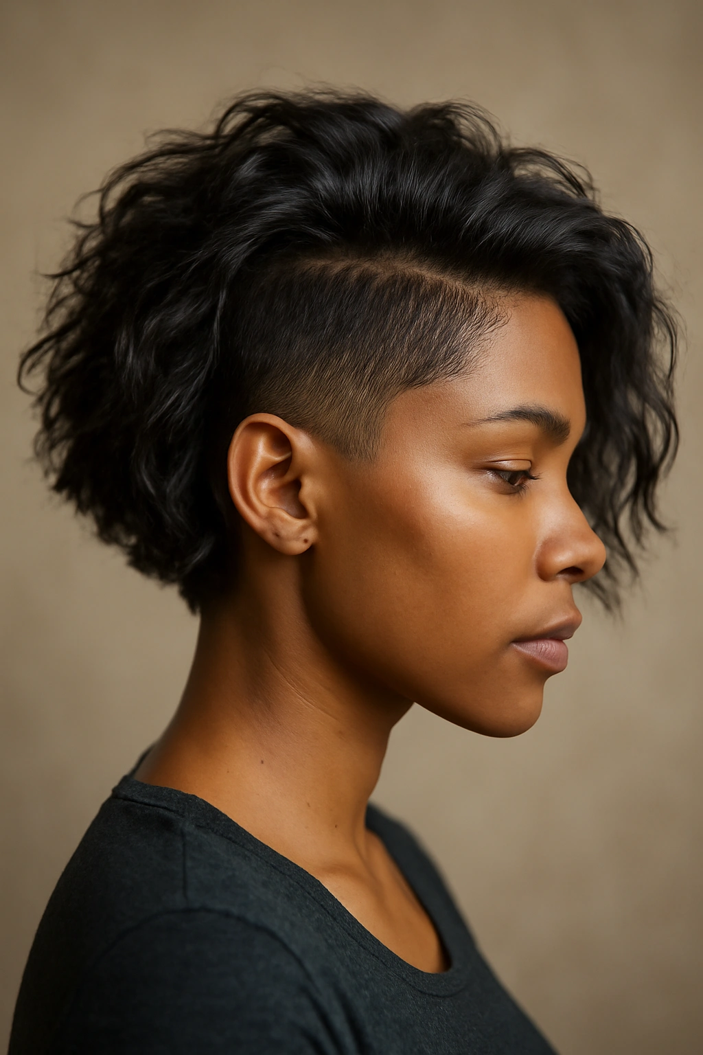 12 Short Weave Hairstyles Black Women Are Loving 3 Side profile of a Black woman with textured lob and undercut.