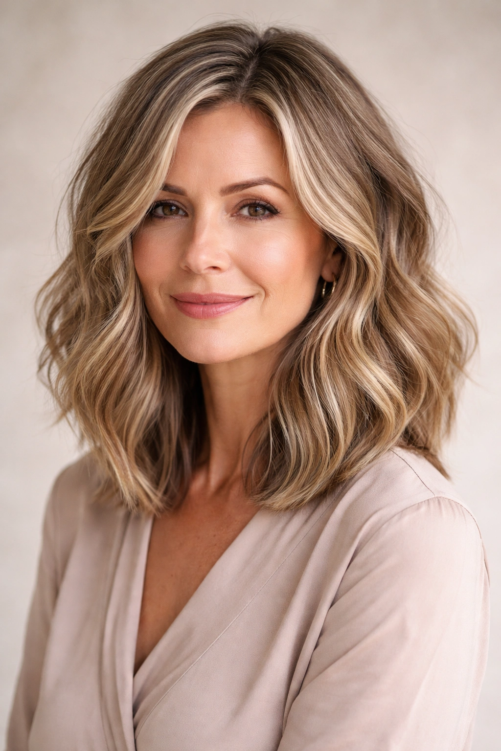 Shoulder-length textured lob with loose waves and layering