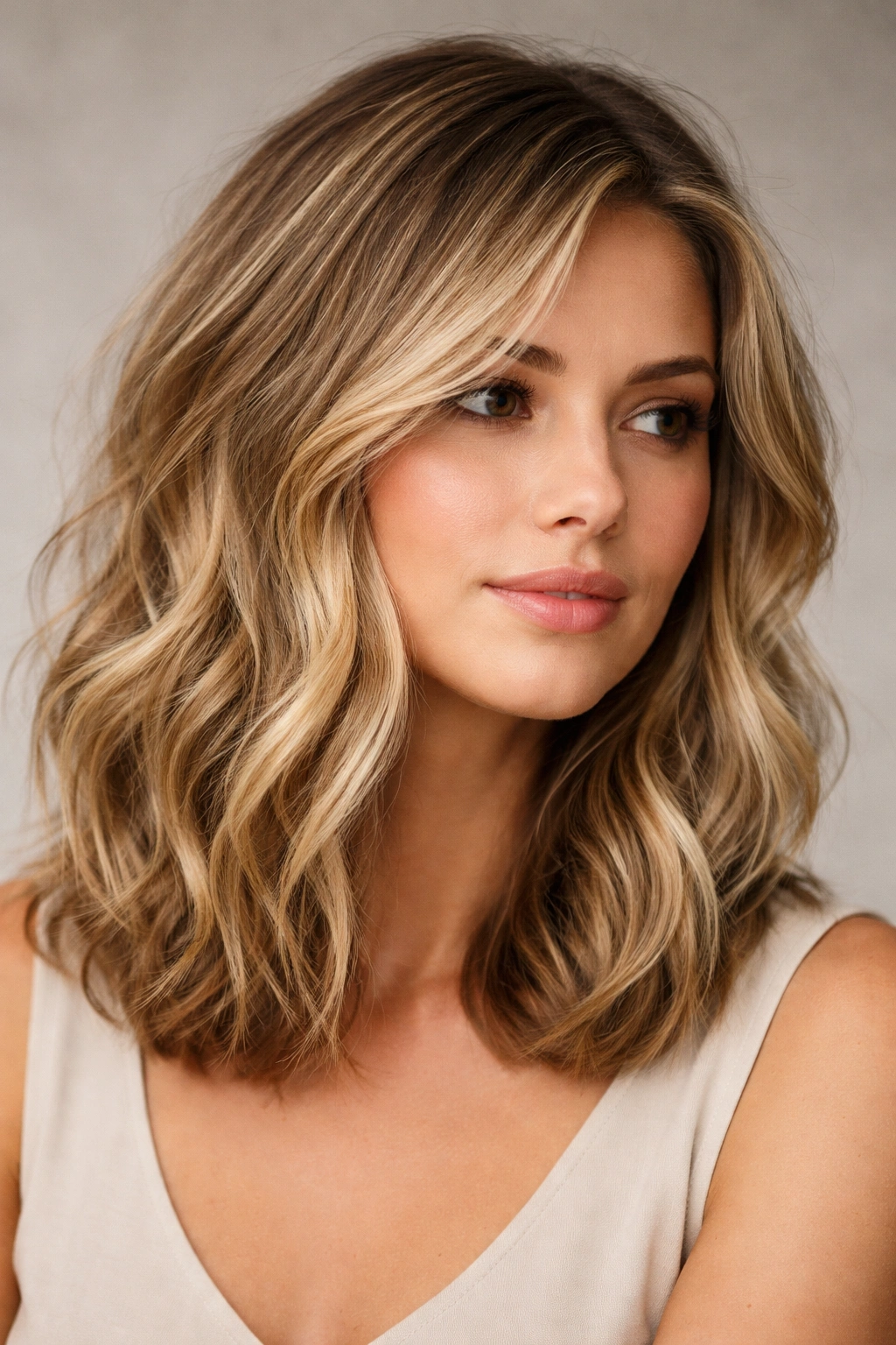 Close-up of textured lob with waves and layered ends